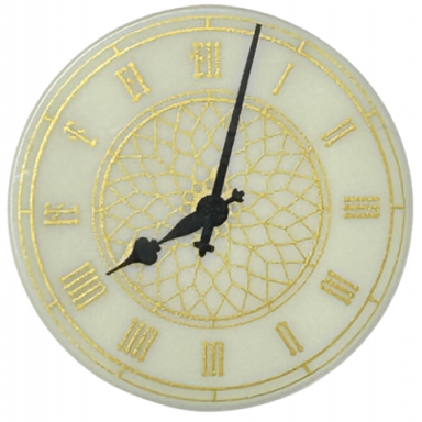 glow in dark white tile round 3 x 3 with clock face with gold roman numerals ornate center and border black hands pattern big ben
