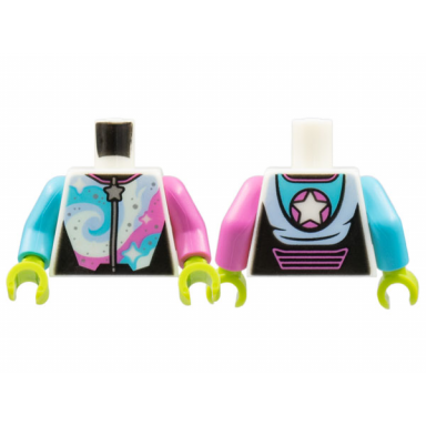 glow in dark white torso jumpsuit silver star zipper stars on dark pink and medium azure swirls pattern dark pink arm left medium azure arm right lime hands