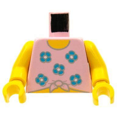 pink torso shirt tied at bottom with blue flowers yellow neck and stomach pattern yellow arms yellow hands