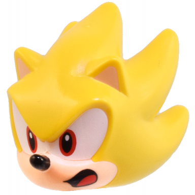 minifigure head modified hedgehog super sonic with molded light nougat face and inner ears and printed red eyes on white background black nose and open mouth with tongue pattern