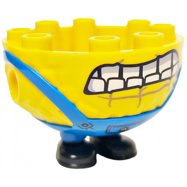 yellow lower body rounded extra wide and short short legs with molded black shoes and blue overalls and printed black mouth with white and light bluish gray teeth buttons and pocket with minions letter m logo pattern