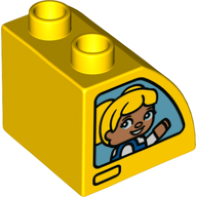 duplo brick 2 x 2 x 1 1 2 slope curved with boy with blue cap on one side and blond girl on other side pattern
