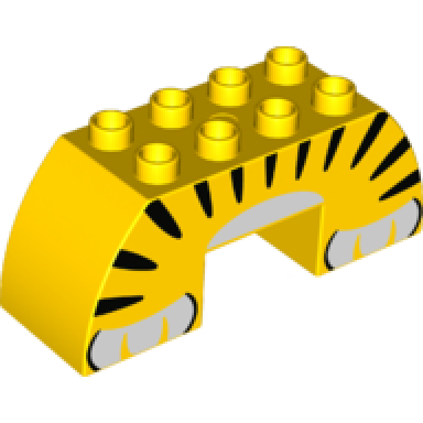 yellow duplo brick 2 x 6 x 2 slope curved double with 2 x 2 cutout on bottom with animal print white paws and black tiger stripes pattern