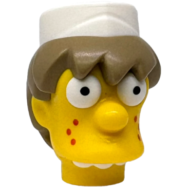 yellow minifigure head modified simpsons squeaky-voiced teen with molded dark tan hair and white cap eyes and teeth and printed pupils and reddish orange freckles pattern