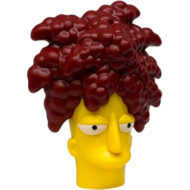 yellow minifigure head modified simpsons sideshow bob with molded dark red curly spiked hair and printed eyes pattern