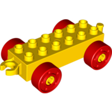 yellow duplo car base 2 x 6 with open hitch end and red wheels with fake bolts