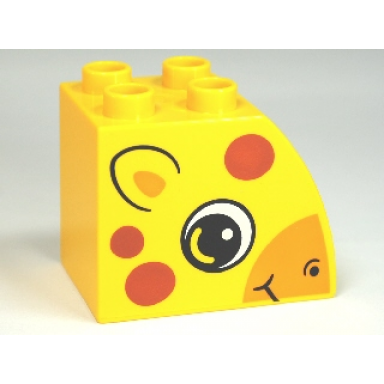 duplo brick 2 x 3 x 2 slope curved with circled black eye with arc ear smile bright light orange snout and dark orange spots giraffe head pattern on both sides