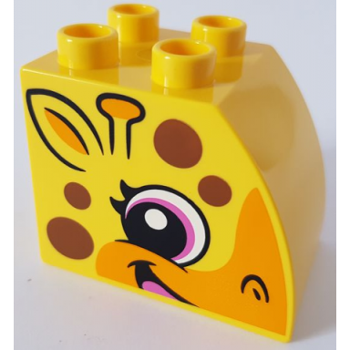 yellow duplo brick 2 x 3 x 2 slope curved with circled black eye with dark pink highlight ear ossicone smile with tongue bright light orange snout and dark orange spots giraffe head pattern on both sides