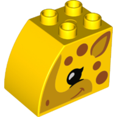 duplo brick 2 x 3 x 2 slope curved with black eye bright light orange snout and ear and dark orange spots and smile giraffe head pattern on both sides