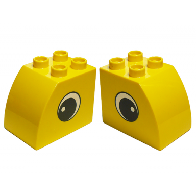 yellow duplo brick 2 x 3 x 2 slope curved with circled black eye with white pupil pattern on both sides