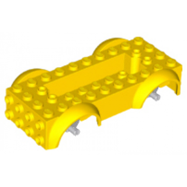 yellow vehicle base 5 x 10 x 2 1 2 with mudguards and 6 x 2 recessed center with 3 holes with light bluish gray wheels holders attached