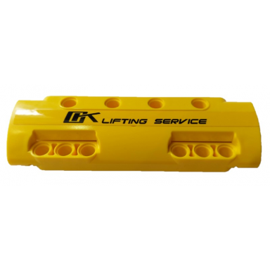 yellow technic panel curved 11 x 3 with 10 pin holes through panel surface with black ok lifting service pattern sticker - set 42108