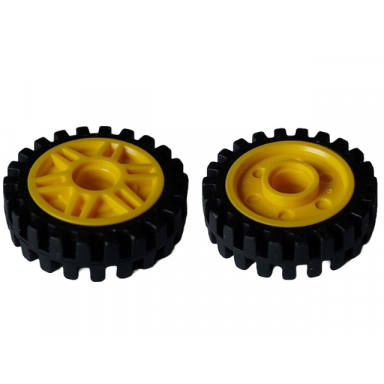 yellow wheel 18mm d x 8mm with fake bolts and deep spokes with inner ring with black tire 24mm d x 7mm offset tread - band around center of tread 13971 61254
