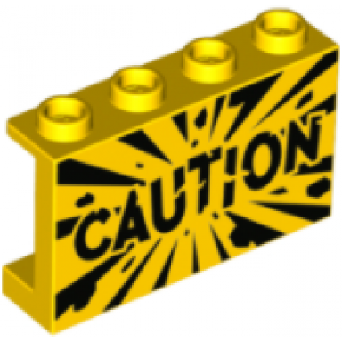 yellow panel 1 x 4 x 2 with side supports - hollow studs with black caution and explosion pattern