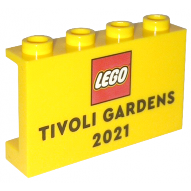 yellow panel 1 x 4 x 2 with side supports - hollow studs with lego logo and tivoli gardens 2021 pattern