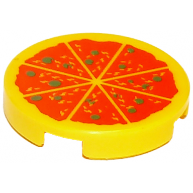yellow tile round 2 x 2 with bottom stud holder with pizza pattern
