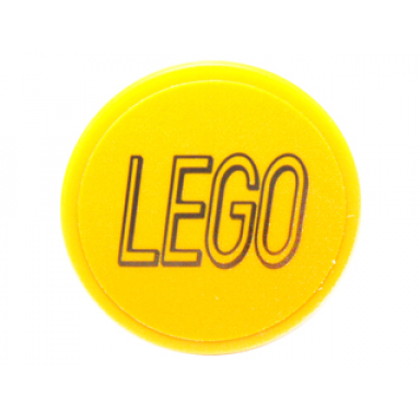 yellow tile round 2 x 2 with bottom stud holder with black lego logo outline squared ends on yellow background pattern sticker - set 76039