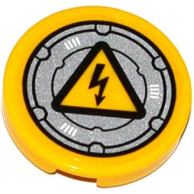 yellow tile round 2 x 2 with bottom stud holder with electricity danger sign on silver circular hatch pattern sticker - set 70173