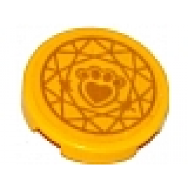 yellow tile round 2 x 2 with bottom stud holder with gold paw print with heart and circular geometric pattern sticker - set 41142
