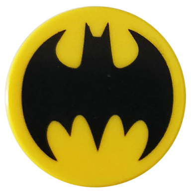 yellow tile round 2 x 2 with bottom stud holder with black bat batman logo pattern