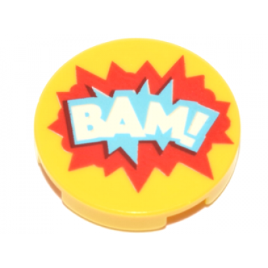 yellow tile round 2 x 2 with bottom stud holder with bam! in blue and red starburst explosion pattern