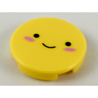 yellow tile round 2 x 2 with bottom stud holder with black eyes and small smile dark pink blush pattern
