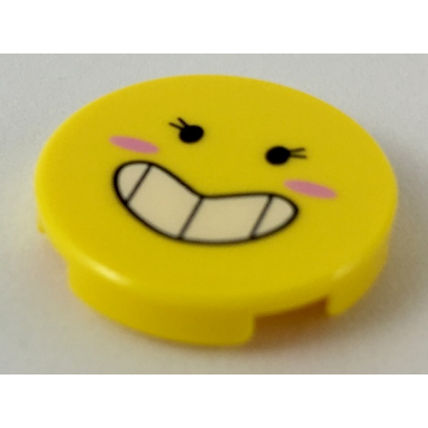 yellow tile round 2 x 2 with bottom stud holder with black eyes with eyelashes large smile showing teeth dark pink blush pattern