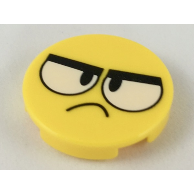 yellow tile round 2 x 2 with bottom stud holder with large white angry eyes and frown pattern