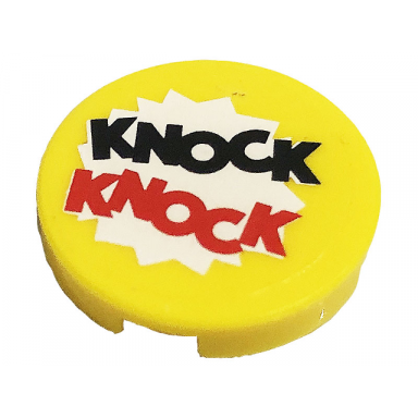 yellow tile round 2 x 2 with bottom stud holder with black and red knock knock pattern sticker - set 41231