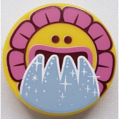 yellow tile round 2 x 2 with bottom stud holder with sunflower face dark pink flakes and water pouring from mouth pattern