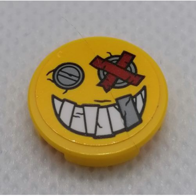 yellow tile round 2 x 2 with bottom stud holder with smile face metal plate eyes teeth and red bandage pattern sticker - set 75977