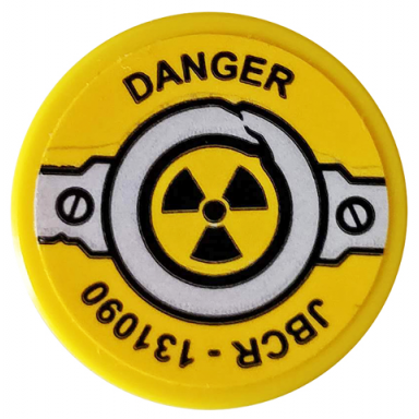yellow tile round 2 x 2 with bottom stud holder with danger jbcr - 131090 rivets and nuclear symbol pattern sticker - set 76078