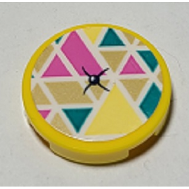 yellow tile round 2 x 2 with bottom stud holder with cushion with triangles and button pattern sticker - set 41392