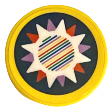 yellow tile round 2 x 2 with bottom stud holder with lavender red and white star with barcode on dark blue background pattern sticker - set 71395