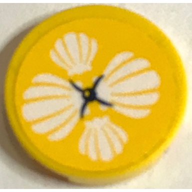 yellow tile round 2 x 2 with bottom stud holder with cushion with white shells and black button on yellow background pattern sticker - set 41380