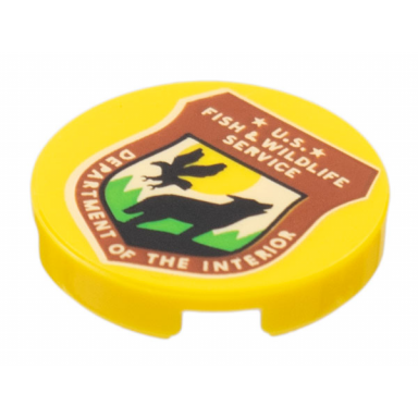 yellow tile round 2 x 2 with bottom stud holder with reddish brown shield black wolf bird u.s fish wildlife service department of the interior pattern