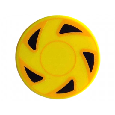 yellow tile round 2 x 2 with bottom stud holder with hubcap with circles and 5 black triangles with bright light orange edges pattern