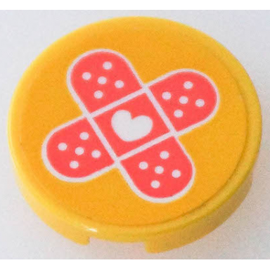 yellow tile round 2 x 2 with bottom stud holder with white heart on 2 coral bandages pattern sticker - set 41394