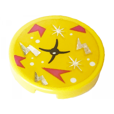 yellow tile round 2 x 2 with bottom stud holder with cushion with black button white dots dark pink arrows holographic stars and lightning bolts pattern sticker - set 41708
