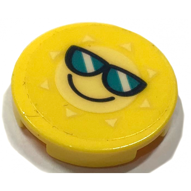 yellow tile round 2 x 2 with bottom stud holder with bright light yellow sun with dark turquoise sunglasses and smile pattern sticker - sets 41411 41413 41414