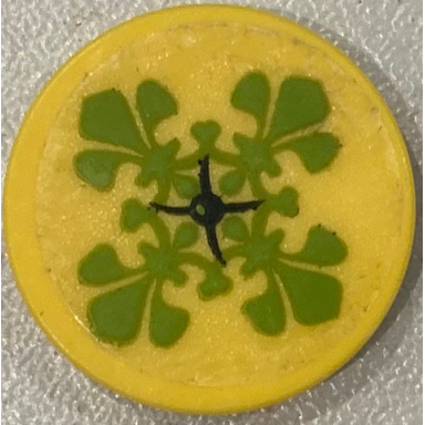yellow tile round 2 x 2 with bottom stud holder with cushion with black button and lime fleur-de-lis pattern sticker - set 41426