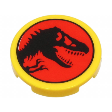 yellow tile round 2 x 2 with bottom stud holder with black dinosaur on red background jurassic park logo pattern
