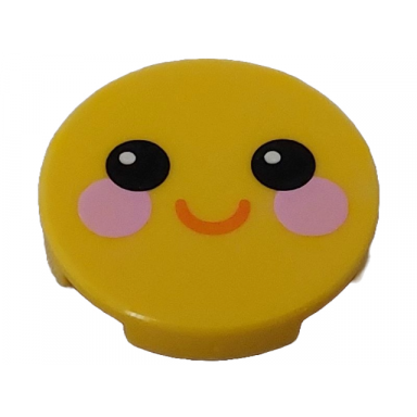 yellow tile round 2 x 2 with bottom stud holder with face with black eyes bright pink circles on cheeks coral smile pattern