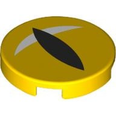 yellow tile round 2 x 2 with bottom stud holder with eye black slit pupil and white crescent glint pattern