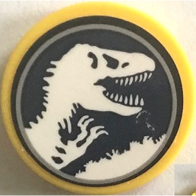 yellow tile round 2 x 2 with bottom stud holder with jurassic world logo pattern sticker - set 75938