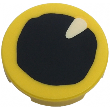 yellow tile round 2 x 2 with bottom stud holder with eye with black pupil and white teardrop shaped glint pattern