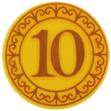 yellow tile round 2 x 2 with bottom stud holder with coin with dark orange and bright light orange 10 and border with filigree pattern