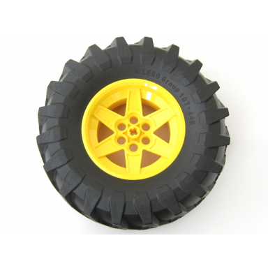 yellow wheel 56mm d x 34mm technic racing medium 6 pin holes with black tire 107 x 44r 15038 23798