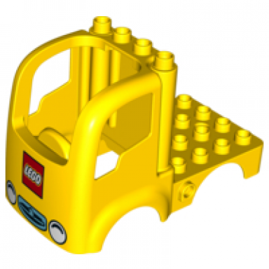 yellow duplo car body truck 4 x 4 flatbed with 4 top studs with headlights and lego logo pattern