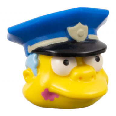 yellow minifigure head modified simpsons chief wiggum with dark pink frosting splotch on mouth pattern